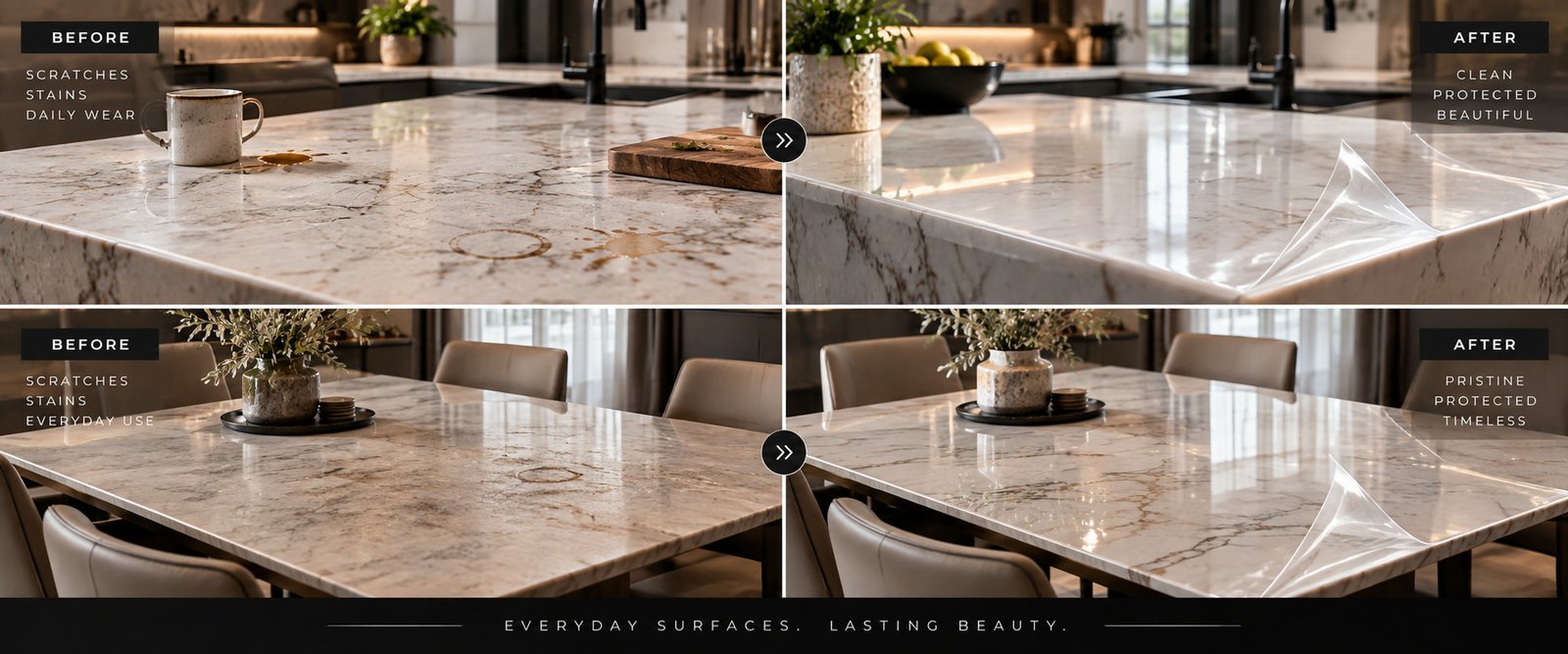 NanoShield Protection Film Before and After Kitchen Countertop and Dining Table