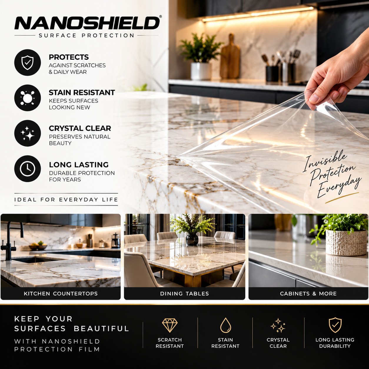 NanoShield Surface Protection Film for Kitchen Countertops and Dining Tables